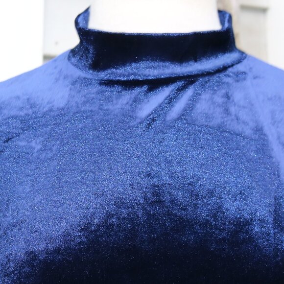 Zara Trafaluc Navy Blue Stretch Velvet Velour Mock Turtleneck Short Sleeve Top L - Picture 2 of 5